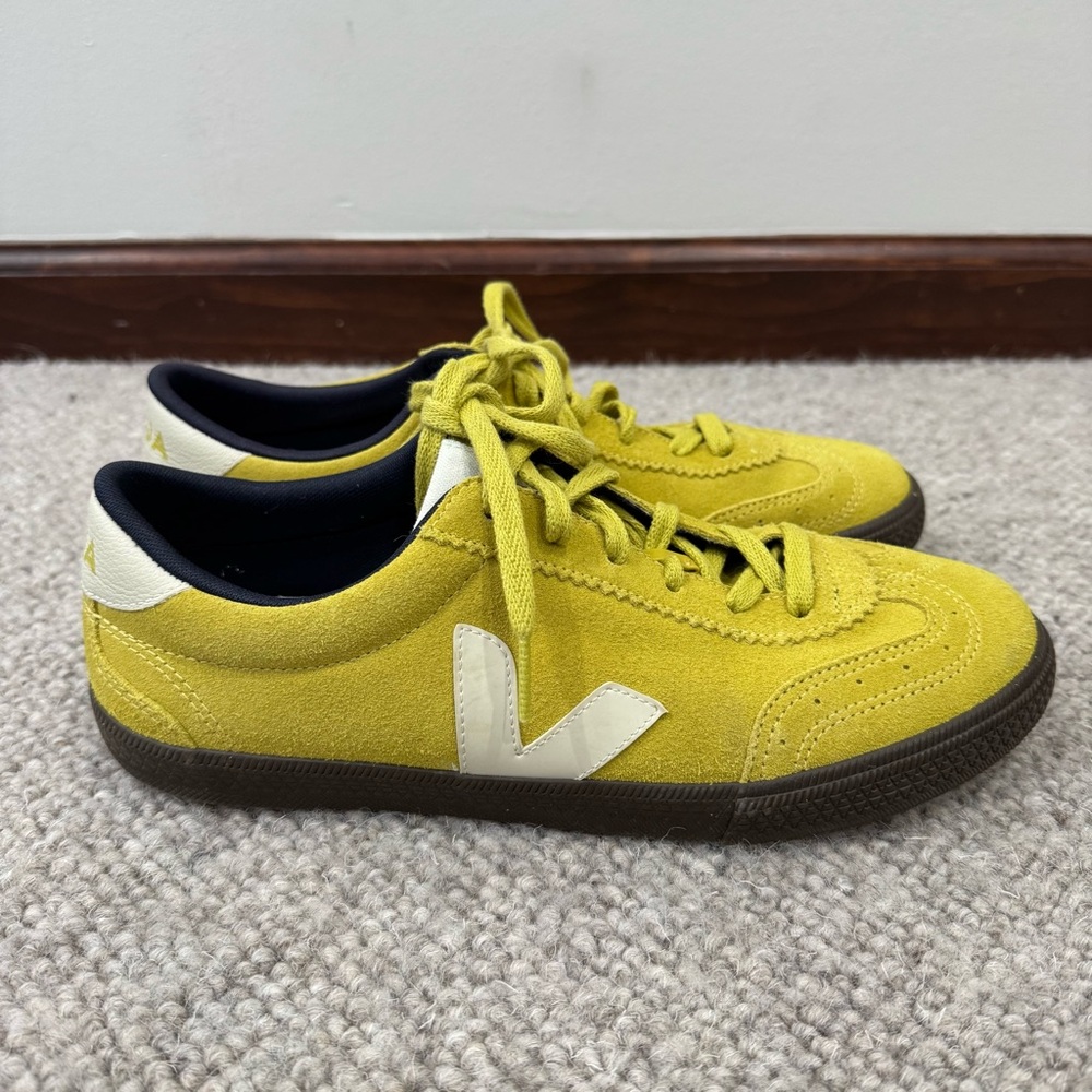Veja Women’s Suede Sneakers in Chartreuse with White V - Picture 2 of 7